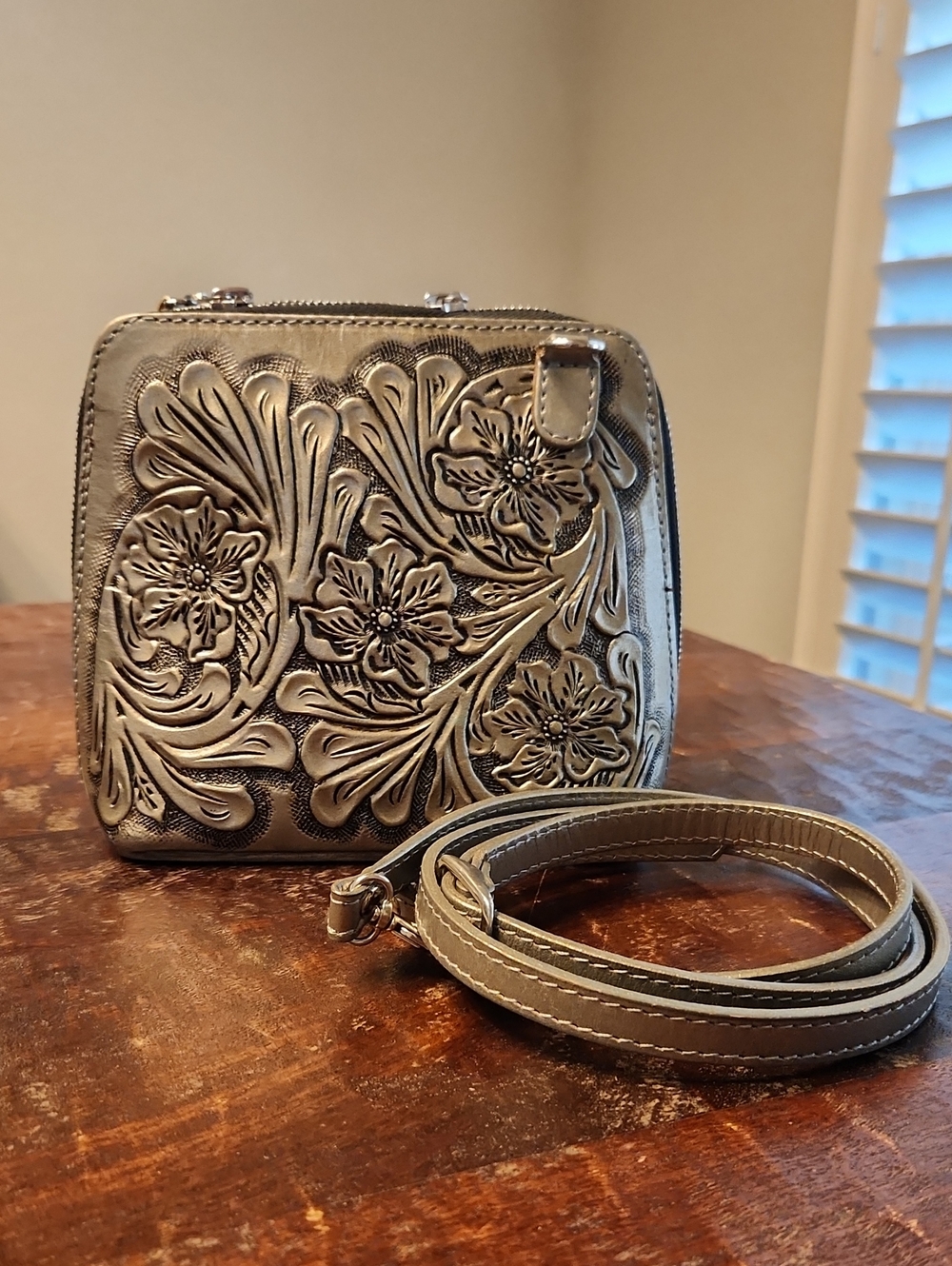 Gold Metallic Floral Tooled Leather Crossbody Bag